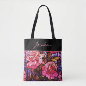 Rosa Rosen-Garten-Buntglas-Monogramm Tasche (Vorderseite)