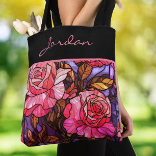 Rosa Rosen-Garten-Buntglas-Monogramm Tasche