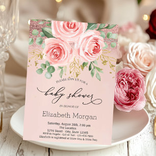Rosa Rosen, Glitter-Bokeh-Baby-Party Einladung