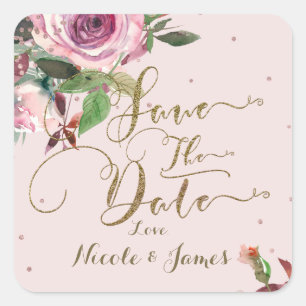 Rosa Rosen-Gold Florales Modernes "Save the Date" Quadratischer Aufkleber