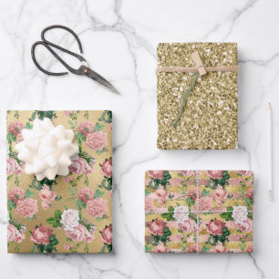 Rosa Rosen Gold Glam Glitz Geschenkpapier Set