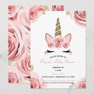 Rosa Rosen Gold Glitter Einhorn Floral Baby Shower Einladung
