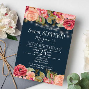 Rosa Rosen goldene Lichterkette navyblau Sweet 16 Einladung
