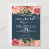 Rosa Rosen goldene Streichellichter marineblaue sü Einladung (Vorderseite)