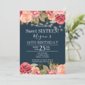 Rosa Rosen goldene Streichellichter marineblaue sü Einladung (Stehend Vorderseite)