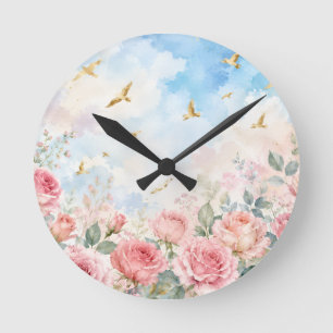 Rosa Rosen & Goldene Vögel Aquarell-Blumen Runde Wanduhr