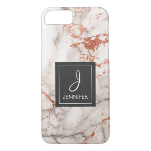 Rosa Rosen-Goldmarmor-elegantes Monogramm iPhone 8/7 Hülle