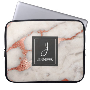 Rosa Rosen-Goldmarmor-elegantes Monogramm Laptopschutzhülle
