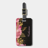 Rosa Rosen Goldperlen auf schwarz Gepäckanhänger (Vorderseite vertikal)