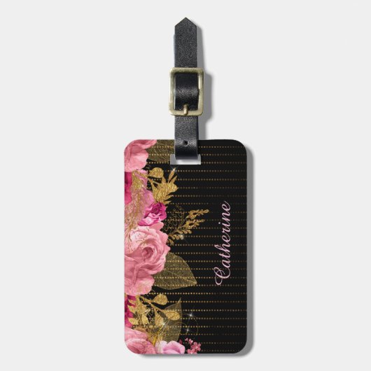 Rosa Rosen Goldperlen auf schwarz Gepäckanhänger (Vorderseite vertikal)