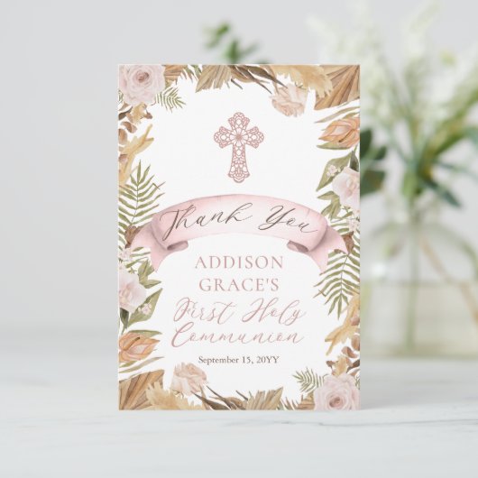 Rosa Rosen | Gräser Erste Heilige Kommune Dankeskarte (Stehend Vorderseite)