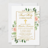 Rosa Rosen Grüne Grüne Kommunion Einladung (Vorderseite)