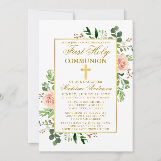 Rosa Rosen Grüne Grüne Kommunion Einladung (Vorderseite)