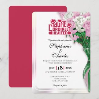 Rosa Rosen Hochzeitseinladung - Rote Schrift 3 Einladung