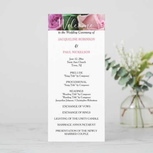 Rosa Rosen Hochzeitsprogramm Programm (Stehend Vorderseite)