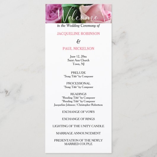 Rosa Rosen Hochzeitsprogramm Programm (Vorderseite)