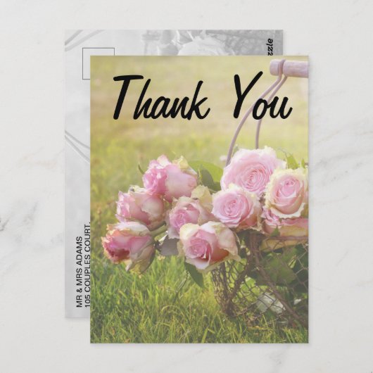 Rosa Rosen in einem Korb Hochzeit Danke Postkarte (Vorne/Hinten)