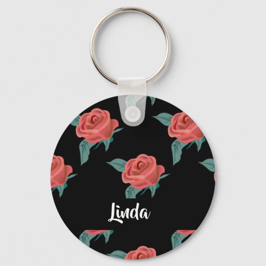 Rosa Rosen in schwarz Schlüsselanhänger (Vorderseite)