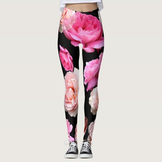 Rosa Rosen keucht schwarzes Athleisure Yoga Leggings (Vorderseite)