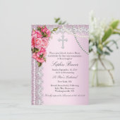 Rosa Rosen Kreuz Heilige Kommunion oder Taufe Einladung (Stehend Vorderseite)