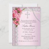 Rosa Rosen Kreuz Heilige Kommunion oder Taufe Einladung (Vorderseite)