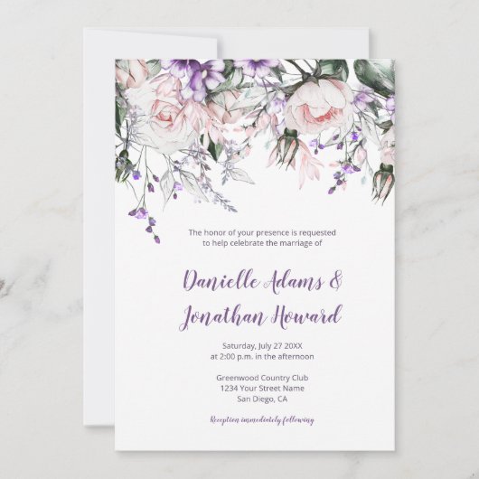 Rosa Rosen Lila Wildblumen Hochzeit Einladung (Vorderseite)