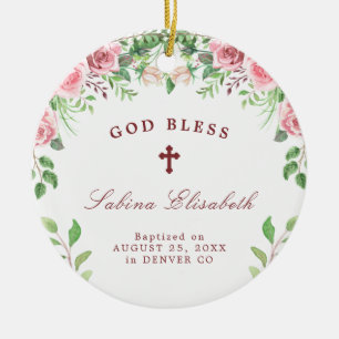 Rosa Rosen Mädchen Taufe Foto personalisiert Keramik Ornament