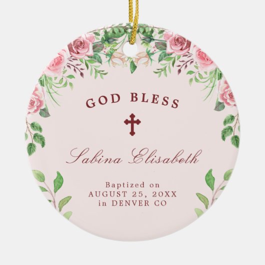 Rosa Rosen Mädchen Taufe Foto personalisiert Keramik Ornament (Vorne)