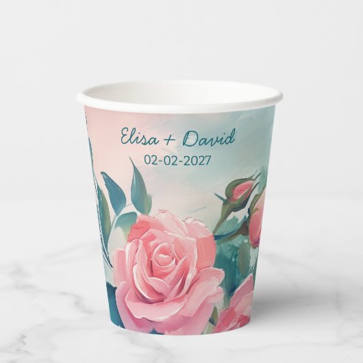 Rosa Rosen Malerei Brautparty CUSTOM Pappbecher (Vorderseite)