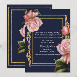 Rosa Rosen Marineblau und Gold Moderne Hochzeit Einladung