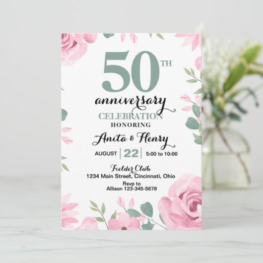 Rosa Rosen mit einem schönen Grün-Text-Jubiläum Einladung (Stehend Vorderseite)