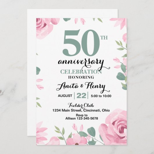 Rosa Rosen mit einem schönen Grün-Text-Jubiläum Einladung (Vorne/Hinten)