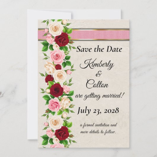 Rosa Rosen mit goldener Hochzeit Einladung (Vorderseite)