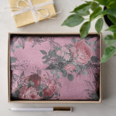 Rosa Rosen mit grauen Blätter auf rosa Decoupage Seidenpapier (Geschenk)