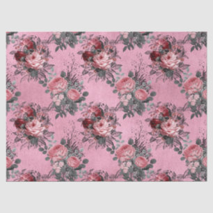 Rosa Rosen mit grauen Blätter auf rosa Decoupage Seidenpapier