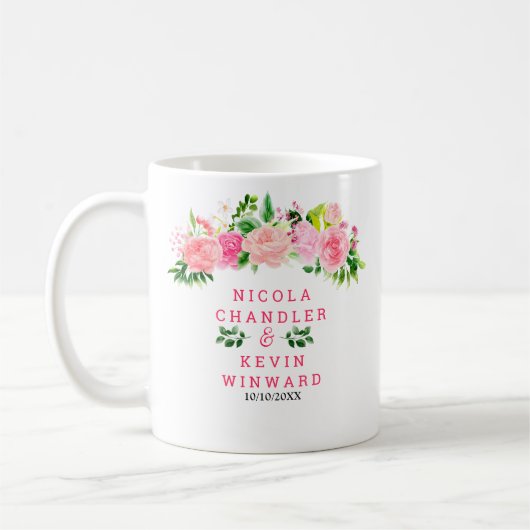 Rosa Rosen mit Laub Hochzeit Kaffeetasse (Links)
