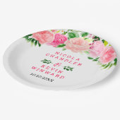 Rosa Rosen mit Laub Hochzeit Pappteller (Schrägansicht)