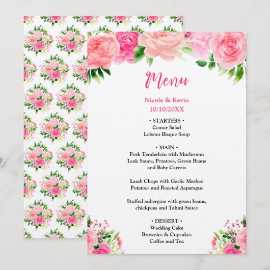 Rosa Rosen mit Laub Hochzeitsmenü Menükarte (Vorne/Hinten)