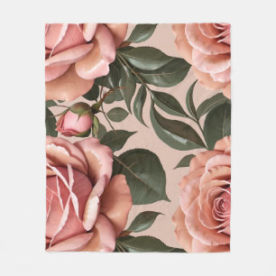 Rosa Rosen mit Pinselstrich-Blättern Fleecedecke