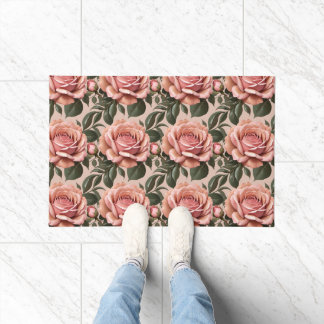 Rosa Rosen mit Pinselstrich-Blättern Fußmatte