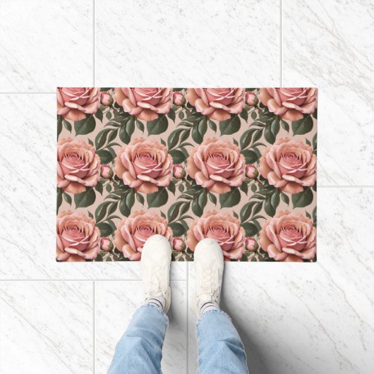 Rosa Rosen mit Pinselstrich-Blättern Fußmatte (Indoor)