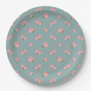 Rosa Rosen-Muster auf hellem aquamarinem Pappteller
