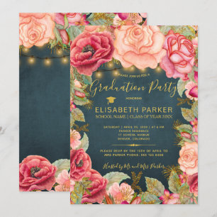 Rosa Rosen Navy Gold Lichter Abschlussfeier Einladung