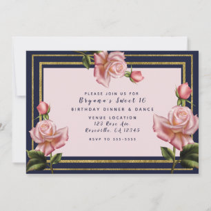 Rosa Rosen Navyblau & Gold Moderne Sweet 16 Party Einladung
