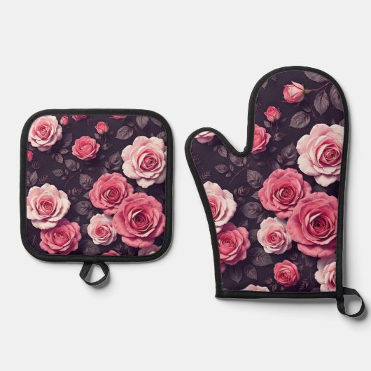 Rosa Rosen Ofenhandschuh & Topflappen-Set (Vorderseite)
