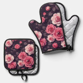 Rosa Rosen Ofenhandschuh & Topflappen-Set (Vorderseite/Rückseite)