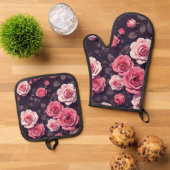 Rosa Rosen Ofenhandschuh & Topflappen-Set (Oben Unten)