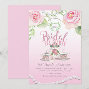 Rosa Rosen & Perlen Elegante Hochzeitstee-Party Einladung