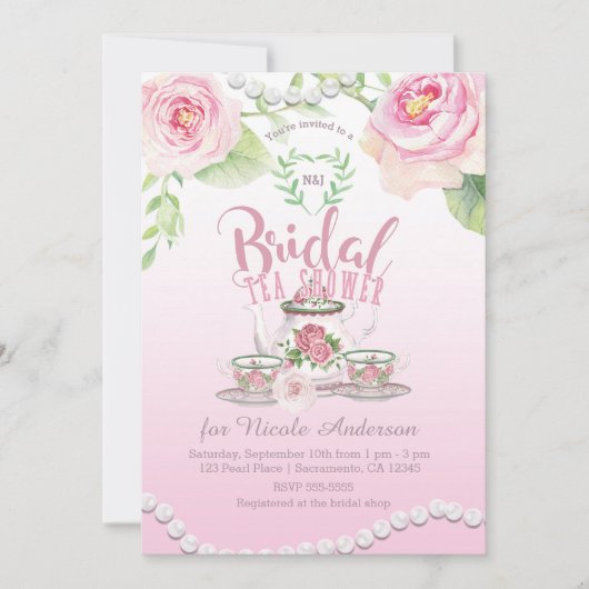 Rosa Rosen & Perlen Elegantes Brauchtum Dusche/WC Einladung (Vorderseite)