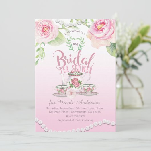 Rosa Rosen & Perlen Elegantes Brauchtum Dusche/WC Einladung (Stehend Vorderseite)